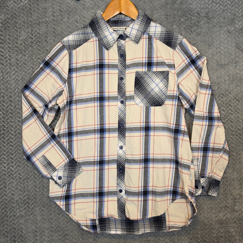 Mountain and Isles Mens Flannel Plaid Button Down Shirt Cream Navy Blue RN154746